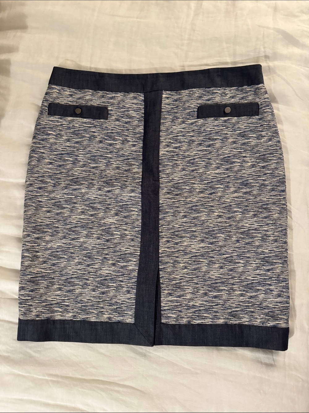 Adrianna Papell Navy and White Textured Pencil Skirt with chambray trim